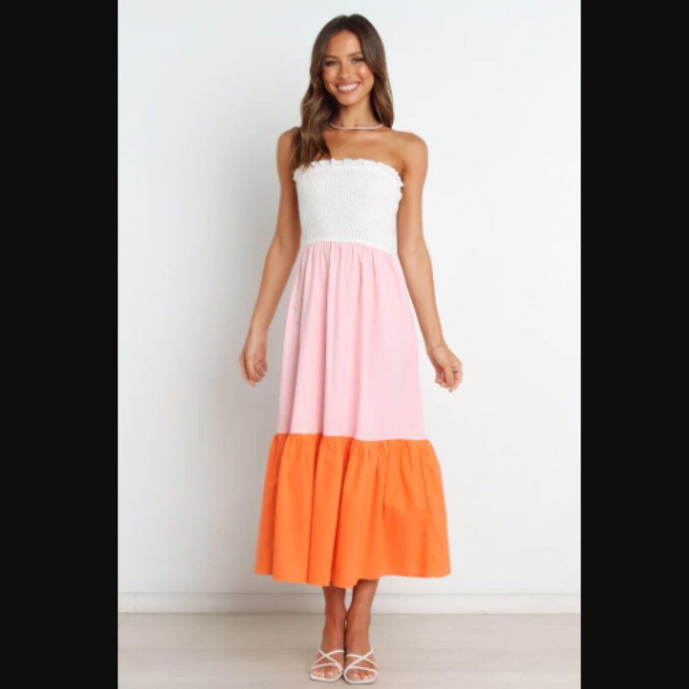 Petal & Pup Shia Pink White Orange Colorblock Strapless Midi Dress 8
